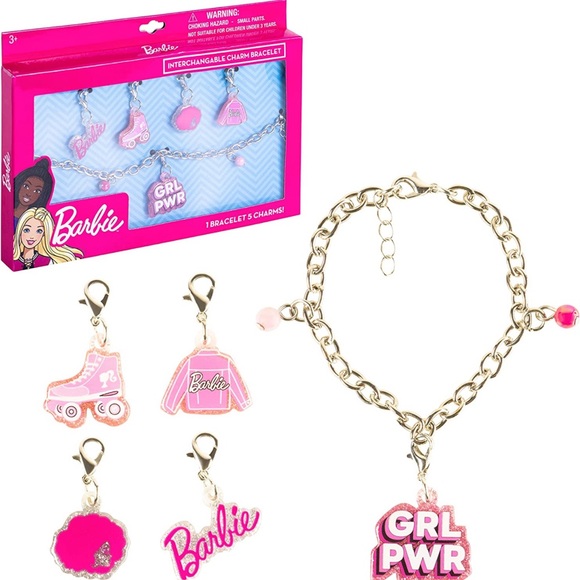 Barbie Other - BARBIE PINK 5 CHARM CHAIN DRESS UP BRACELET ZIPPER BACKPACK COAT BOX GIFT BOX